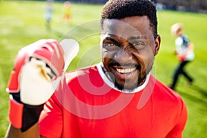 brazilian football player on stadium kicking ball for winning goal outdoors