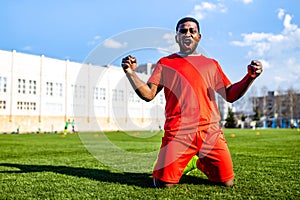 brazilian football player on stadium kicking ball for winning goal outdoors