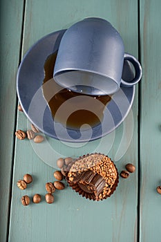 Brazilian fudge ball, traditional Brazilian sweet, next to cup and coffee beans_18