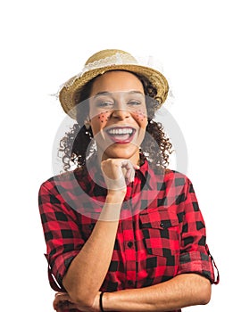 Brazilian girl wearing red plaid shirt on white background. Woman dressing checked pattern clothes is laughing. photo