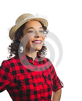 Brazilian girl wearing red plaid shirt on white background. Woman dressing checked pattern clothes looking foward. photo