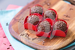 Brazilian gourmet brigadeiro in close-up photography. Brazilian food, dessert. photo