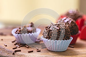 Brazilian gourmet brigadeiro in close-up photography. Brazilian food, dessert. photo