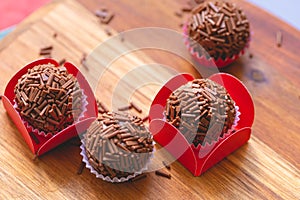 Brazilian gourmet brigadeiro in close-up photography. Brazilian food, dessert. photo