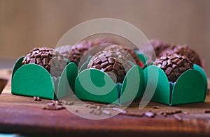 Brazilian gourmet brigadeiro in close-up photography. Brazilian food, dessert. photo