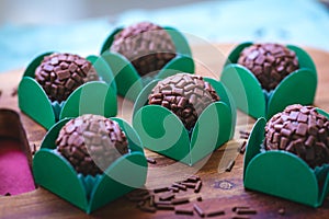 Brazilian gourmet brigadeiro in close-up photography. Brazilian food, dessert. photo