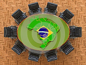 Brazilian goverment meeting. Map of Brazil on the round table, 3D rendering photo