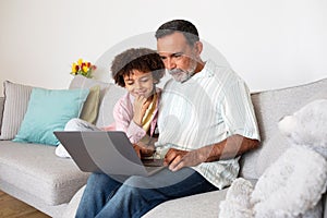 Brazilian Grandpa And Grandson Using Laptop On Sofa At Home