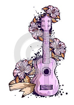 Brazilian guitar, ukulele, tropical flowers.Color sketch drawing, isolated object on a white background photo