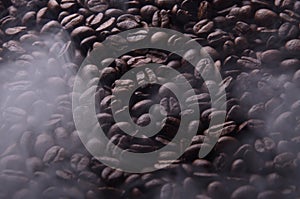 Brazilian hot coffee seeds background with smoke for coffee shop