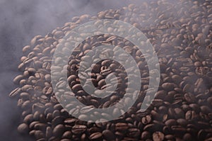 Brazilian hot coffee seeds background with smoke for coffee shop