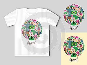 Brazilian icons in the form of a circle. Travel concept with t-shirt mockup