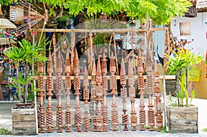 Brazilian indigenous decoration weapons being sold at a handicraft fair in Bahia in Brazil. PataxÃ³ spears.