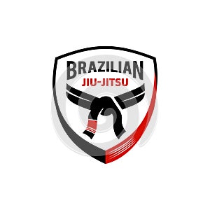 Brazilian jiu jitsu black and red belt logo icon vector illustration design, symbol mix muscle art academy or school photo