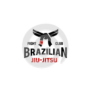 Brazilian jiu jitsu black and red belt logo icon vector illustration design, symbol mix muscle art academy or school