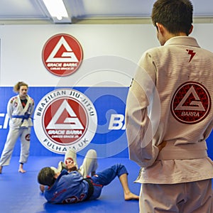 Brazilian Jiu Jitsu mixed martial arts grappling training at Fulham Gracie Barra academy in London, UK