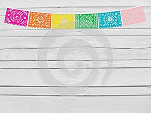 Brazilian june party, festa junina mockup. Birthday decorative scene. String of handmade cut paper flags. Party decoration. White