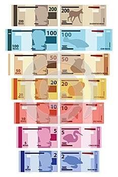 Brazilian Main Real banknotes colored