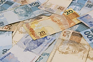 Brazilian money background. Bills called Real.