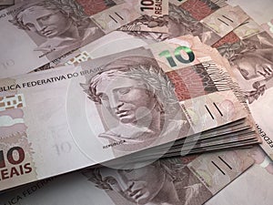 Brazilian money. Brazilian real banknotes. 10 BRL reals bills