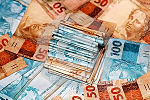 Brazilian money package with notes of diverse values