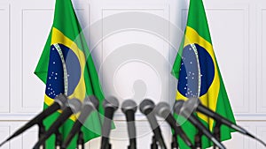 Brazilian official press conference. Flags of Brazil and microphones. Conceptual animation