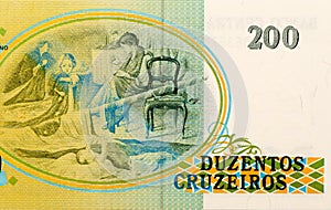 Brazilian paper money two hundred cruzeiros as background and te