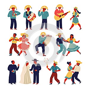 Brazilian people wearing traditional costume for Junina Party set. Vector templates for Latin American holiday, the June