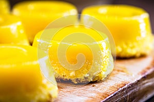 Brazilian quindim is a sweet made from egg yolk, sugar and grated coconut. Corresponds to the Portuguese recipe known as brisa-do- photo