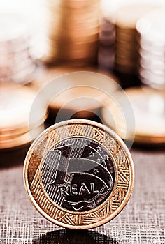 brazilian real coins, one real, currency of brazil, brazilian economy concept photo