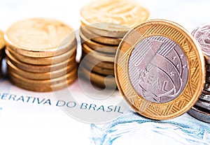 brazilian real coins, one real, currency of brazil, brazilian economy concept photo