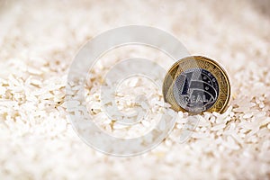 Brazilian rice with one real coin, concept of rice export and import and high prices in Brazilian agriculture