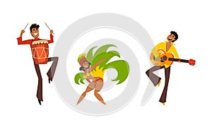 Brazilian Samba Dancer in Bright Feathered Costume and Musician Playing Drum and Guitar Vector Set