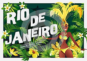 Brazilian samba dancer. Carnival in Rio de Janeiro girls wearing a festival costume is dancing. Vector illustration.