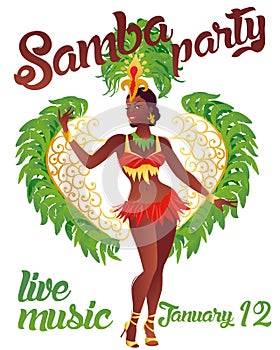 Brazilian samba dancer vector. A beautiful carnival girl wearing a festival costume is dancing.