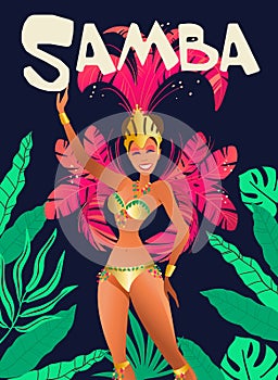 Brazilian samba posters. Carnival in Rio de Janeiro dancers wearing a festival costume is dancing. Vector illustration.