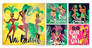 Brazilian samba posters. Carnival in Rio de Janeiro dancers wearing a festival costume is dancing. Vector illustration.