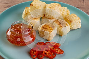 Brazilian snack of tapioca made of coalho cheese and tapioca flour