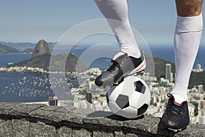 Brazilian Soccer Football Player Standing At Rio Skyline