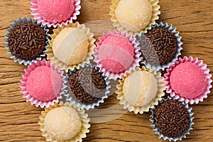 Brigadeiro Beijinho and Bicho de Pe: sweets from Brazil. Child b photo