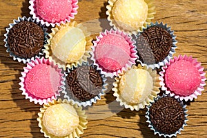 Brigadeiro Beijinho and Bicho de Pe: sweets from Brazil. Child b photo