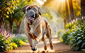 A lively and adorable Brazilian Mastiff dog is happily running in the garden!