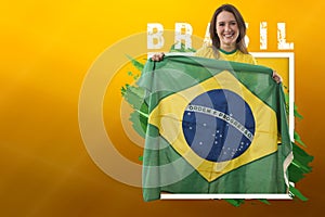 Brazilian woman fan, celebrating on a yellow background