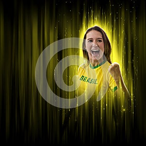 Brazilian woman fan, celebrating on a yellow and black backgroun