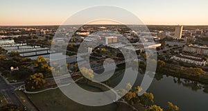 Over Waco Texas Downtown City Skyline Dusk Bridges Over Brazos River photo