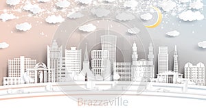 Brazzaville Republic of Congo City Skyline in Paper Cut Style with White Buildings, Moon and Neon Garland