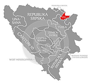 Brcko Distrikt red highlighted in map of Bosnia and Herzegovina
