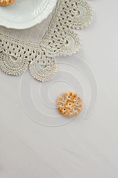 breackfast cookie on a white table cloth photo