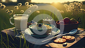 Breackfast on the grass on the background of a meadow. Al generated photo