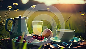 Breackfast on the grass on the background of a meadow. Al generated photo